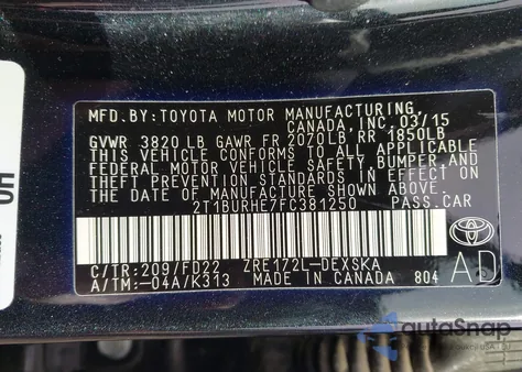 2015 Toyota Corolla S Plus from USA, damaged, VIN 2T1BURHE7FC381250